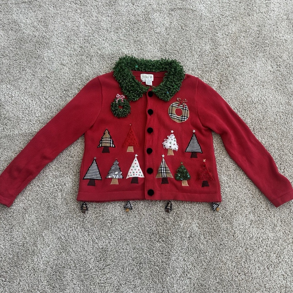 Just B Christmas Button Up Knitted Sweater Sz Small Embroidered Beaded Trees Red